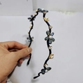 Detailed view of handmade crystal flower headband with gray-blue beads and faux pearls - Royal Blue