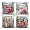 Set of 4 Christmas pillow covers with vintage Santa Claus and red truck illustrations - Retro Watercolor