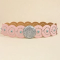 Ceinture en cuir rose et marron avec incrustations de turquoise et boucle vintage argent - Argent Rose Clair