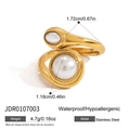 Anello in acciaio inossidabile dorato con due perle bianche, impermeabile e anallergico - Stile Aperto con Perle Grandi e Piccole (JDR0107003)