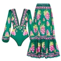 Set costume da bagno bohémien a maniche lunghe con scollo a V e gonna lunga floreale - S / Set intero a maniche lunghe (gonna lunga)
