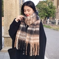 Winter mohair scarf with brown, beige, and black plaid pattern and tassel detail - Coffee Plaid