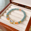 Luxurious beaded crystal fluorite bracelet with blue gemstone heart charm and gold accents - 44# Blue Hulu