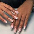 Long square press-on nails in nude pink with 3D bows and French white tips - No Accessories Style / X-0457 Nude Pink Bow