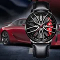 Men's car wheel rim watch with black leather strap and red brake caliper detail - T38 Black Leather Band Red Wheel