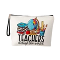 Linen makeup bag for teachers with colorful educational icons and world change slogan - Pattern 3 (BOOKS/PEN HOLDER)