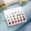 Set of 12 pairs of alloy stud earrings featuring pearls, zircons, and floral designs - Pearl Zirconia Ball Flower Red Pink Set (ER23Y0816-4)