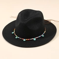 Cappello Fedora di paglia nero con perline colorate e ciondoli stile turchese estivo - M (56-58cm) / Nero
