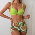 Women's two-piece swimsuit with bright green top and high-waisted pineapple print shorts - S / Pineapple Print Shorts Bikini Set