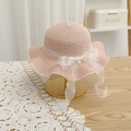 Detailed straw weave of pink sun hat with organza bow and pearl accent on display stand - 52cm (Recommended 2-6 Years) / Pink Hat