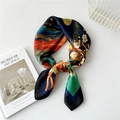 Navy blue silk scarf with Chinese floral art painting displayed on white surface - 70cm / Palace Cypress Flower