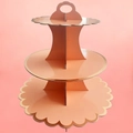 3-tier peach pink cardboard cupcake stand with gold foil edges and a top handle - Pink Scalloped