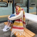 Rainbow plaid scarf with colorful tassels, cozy oversized winter wrap for women - Yellow Beige Stripe