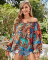 Detail of off-shoulder bohemian print top with ruffle sleeves and drawstring neck - S / Bohemian Print