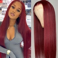 Sleek wine red long straight lace front wig with natural hairline for women - Burgundy