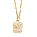 Gold letter N square necklace with cubic zirconia pave pendant and thin chain link - Letter N