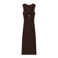 Deep brown sleeveless maxi dress with a ruched back design and metallic buckle detail - XS / Coffee