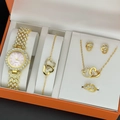 Golden quartz watch set for women with interlocking hearts and sparkling rhinestones - Pink Dial Gold (5pcs Set)