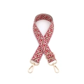 Détail d'une bandoulière tissée à motifs géométriques et mousquetons dorés - Quincaillerie Dorée / Rouge