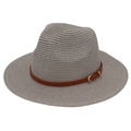 Close-up of gray Panama hat texture with brown faux leather band and gold buckle - Gray