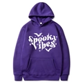 Purple Halloween hoodie featuring white Spooky Vibes print and bat graphics - Purple