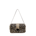 Detailed view of leopard print underarm bag with beige trim and geometric metal buckle - Khaki