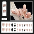 Cow print press-on nails with 3D gold bow and heart patterns, 24-piece set in medium square - Autumn Winter Milk Glue Style (Z584)
