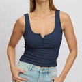 Women's slim fit navy blue ribbed tank top with U-neck and button front detail - S / Navy Blue