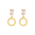 Elegant 18K gold earrings with rectangular zircon stone and textured rope circle pendant - Frame Gemstone Twisted Rope Drop Earrings (E944-GO)