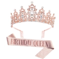 Birthday Queen set with rose gold rhinestone crown and pink glitter sash for parties - Rose Gold Set (Queen)