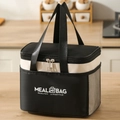 Portable insulated meal bag in black and white with side mesh pocket and sturdy handles - M Black