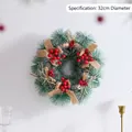 Christmas wreath with pine needles, red berries and 32cm diameter specification text - Three Small Knots Style