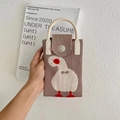 Detail of a brown knitted mini phone bag with a cute white bird pattern and silver button - Khaki Tilting Head Duck