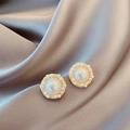 Elegant gold S925 silver needle earrings with central pearl and woven metal border - Retro Woven Texture Double Layer Pearl Stud Earrings
