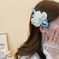 Blue silk bow hair clip with translucent white organza flower and heart rhinestone - 42# Duckbill Clip - Blue Silk Organza Flower Style
