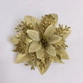 Close-up of a 14cm golden glitter artificial flower with layered silk petals for decor - Gold