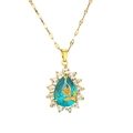 Water-drop teal gemstone pendant necklace with rose flower detail in gold finish - Lake Blue