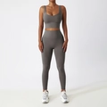 Ensemble de yoga gris anthracite pour femme avec brassière à col en U et legging taille haute - 10/M / Pantalon à Double Épaule Gris Extrême