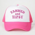 Pink and white mesh trucker hat featuring TANNED and TIPSY slogan for outdoor sun protection - One Size / Rose Red