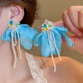 Detail of blue fabric flower earrings with transparent tassels and beads for resort wear - Crystal Chiffon Flower Tassel (21#)