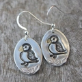 Vintage silver oval earrings with embossed bird and floral patterns on rustic wood background - Retro Relief Bird (11)