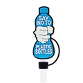 Blue silicone straw cover with Say No To Plastic Bottles text and a white hand icon - No Plastic Bottle