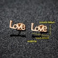 Rose gold LOVE letter stud earrings in minimalist script font showing product dimensions - Love (064) / Rose Gold