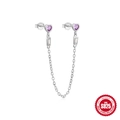 925 zilveren oorbel met paarse hart zirkoon en rechthoekige steen aan een fijne ketting - Dubbele Piercing Verbonden / Paars Hart Witgoud