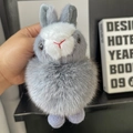 Plush bunny keychain with grey rabbit ears and white fluffy faux fox fur ball - Fox Fur Pom Pom Long Ear Rabbit / Gray