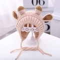 Infant winter knit hat with cute deer antlers and ear flaps in soft beige pink color - Beige Large Antlers - Lined