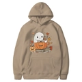 Sweat à capuche Halloween kaki avec poche kangourou et motif citrouille pour automne - Chameau