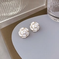 Elegant white camellia stud earring with gold edges and central pearl on a luxury tray - White / A178