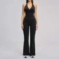 Women's black yoga set with halter neck top and high-waisted flared workout leggings - 3109 Vest + 3109 Flared Pants — Sophisticated Black