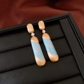 Vintage matte gold long drop earrings with blue marble enamel and rhinestone accents - Blue Marble Texture Vintage Drop Earrings (64#)